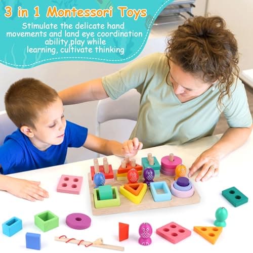 TNOMSNO Juguetes Educativos Montessori, Jeux Montessori, 3 en 1 Jeux Montessori 1 an, Jeu Montessori 2 3 4 Ans, Jouets à empiler et de tri, Jouet en Bois pour Cadeau Fille Garcon Bébés 2 3 4 Ans