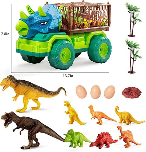 Jouet de Camion de Dinosaure pour Enfants de 3 à 5 Ans, Camion Transporteur de Voiture Triceratops avec 8 Figurines Dino, Tapis de Jeu de Dinosaure de Capture pour garçons