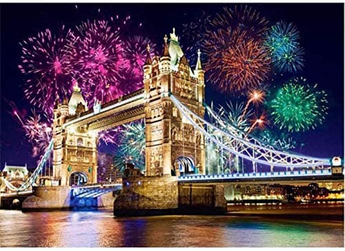 Reofrey Diamond Painting 5D Diamant Peinture Feux d'artifice Nuit Pont DIY Cristal Strass Peinture Plein Forage Broderie Artisanat Point De Croix Chambre Salon Décoration Murale 30x40cm