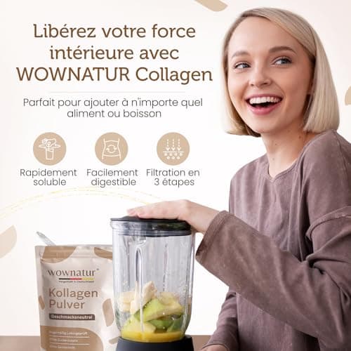 WOWNATUR® Collagen Poudre 500g Powder - Solubilité parfaite - Hydrolysat de collagène de première qualité - Petite taille des peptides de type 1, 2 et 3 - Goût et odeur neutres - L'original