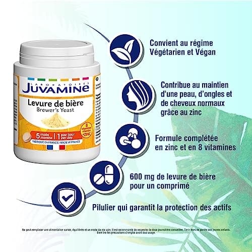 JUVAMINE - Levure de Bière - Beauté de la peau, des cheveux et des ongles - Vitalité - Vitamines B1, B2, B3, B5, B6, B8, B9 et B12 + Zinc - Programme de 5 mois - Fabriqué en France