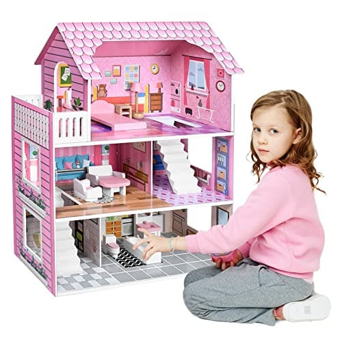 VA-Cerulean Maison de poupée en bois avec meubles, kit de jeu princesse villa de poupée, simulation rose, maison de poupée pour enfants à partir de 3 ans, jeu de puzzle, scénario (type A)