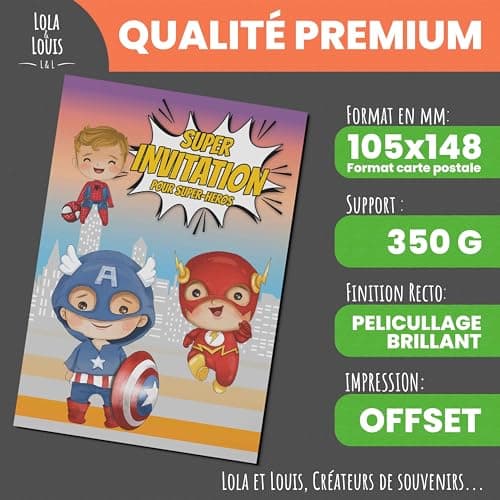 LOLA & LOUIS® • 10 cartes invitation anniversaire en Français • 10 enveloppes • Thèmes super-héros (Spiderman, Flash, Captain America, Batman) • Cartons pour inviter filles et garçons