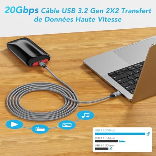 ULT-WIIQ 240W PD 3.1 Câble USB C vers USB C 3.2 Gen 2x2 Charge Rapide 20Gbps Haute Vitesse Transfert de Données 4K@60Hz Vidéo Nylon Tressé Câble USB C pour iPhone 15 Pro MacBook Samsung 2M