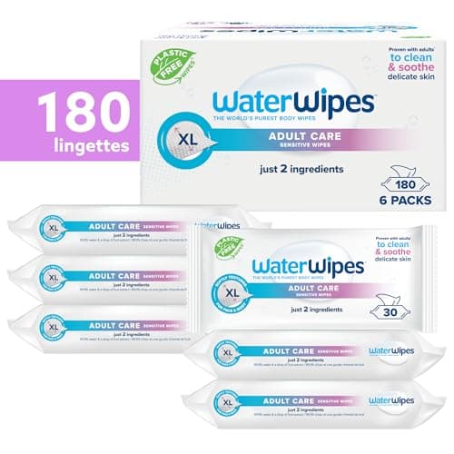 WaterWipes Lingettes Adultes Sensibles Corps & Parties Intime, 180 Lingettes (6 Paquets), Extra Grandes Texturées, 99,9% à Base d'Eau, Usage Quotidien