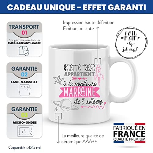 ÉNJA Création. Mug marraine/Tasse – La meilleure de l'univers Future marraine Cadeau anniversaire Cadeau original Céramique haute qualité 11oz 320ML (MARRAINE)