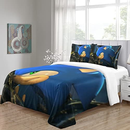 Sonic The Hedgehog 3D Print Housse de Couette Ensembles de Literie Housses de Couette avec Fermeture Éclair 3 pièces Doux Entretien Facile pour Jeunes et Enfants Adultes Célibataire (135x200cm)