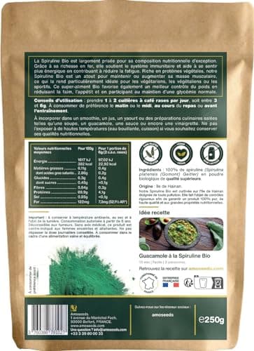 Spiruline en poudre BIO 250G | Naturelle et Pure | Riche en protéines, fer | Énergie, Sport, Immunité | Sans OGM, sans Conservateurs | Qualité Supérieure