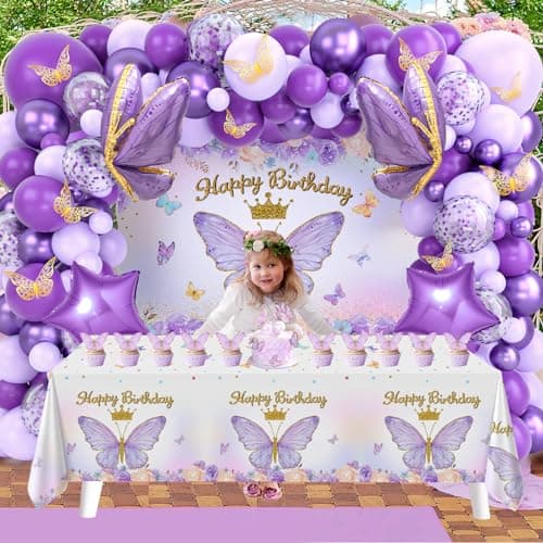 Décoration Anniversaire Violet, Ballon Anniversaire Fille Violet avec Happy Birthday Toile de fond, Nappe Papillon, Décoration de Gâteau Papillon pour Filles Femme Anniversaire Fête Parti Décoration