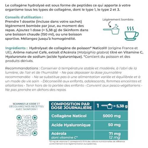 INOLAB Collagène Marin 2000 Da | 45 Doses de 5 g/jour | Collagène Français Breveté Naticol | Acide Hyaluronique + Acérola Bio | Arôme Naturel Café | Peau Élastique Hydratée & Articulations