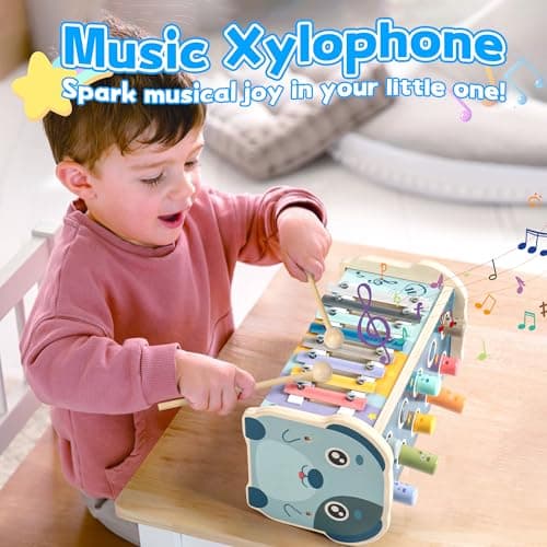 Fajiabao Jouet Bebe 1 an-Jouet Enfant 1 an Jeux Montessori 1 an Xylophone Bebe Jeux en Bois Bebe Cadeau 1 2 an Fille Garcon 3 en 1 Jeu Educatif 1 2 an Bebe avec Jeu de Taupe, Jeu Match de Numéro
