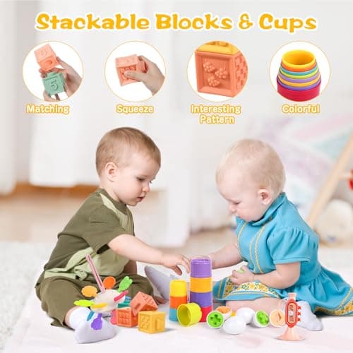 Richday 8 in 1 Montessori Jouets pour Enfants pour 6-12-18mois Empilage Blocs de Construction Corbeille Sensorielle Jouets de Dentition neonati Ragazze Ragazzi giocattoli Regali.