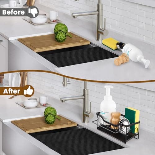 Sinnsally Organisateur Evier Cuisine,Porte Eponge Evier Cuisine avec Vidange Automatique,Rangement Eponge Evier Cuisine,Organisateur d'évier,Repose Eponge,Support Eponge évier en Acier Inoxydable,Noir