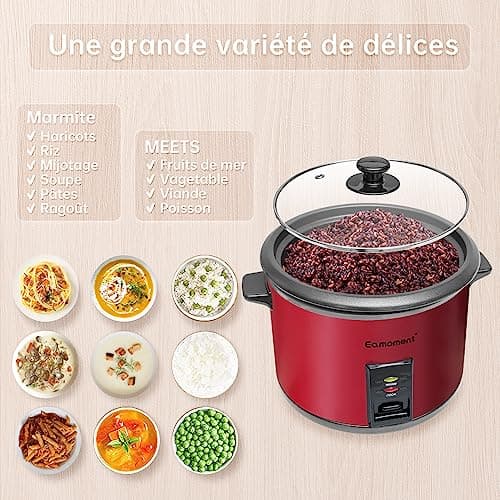 Eamoment ERC-10CRD 1.8L | 700W cuiseur à riz et insert vapeur noir chaud et cuire 1-10 personnes marmite à revêtement antiadhésif, cuillère à riz et tasse à mesurer, couvercle en verre
