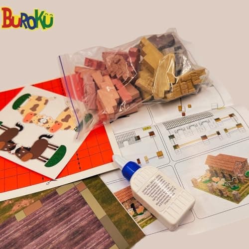 Buroku - Kit de Construction de Ferme | 430 Pièces | Briques en Pierre et Bois | Favorise l'Apprentissage STEM et les Compétences Motrices | Inclus Animaux et Accessoires | Inclus Colle