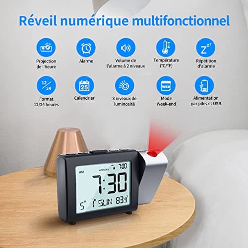 MeesMeek Horloge à Projection numérique: Affichage LCD Clair avec température Date 12/24H et luminosité réglable, Réveil de Bureau à Piles Facile à régler pour Enfants Adultes et la Chambre à Coucher