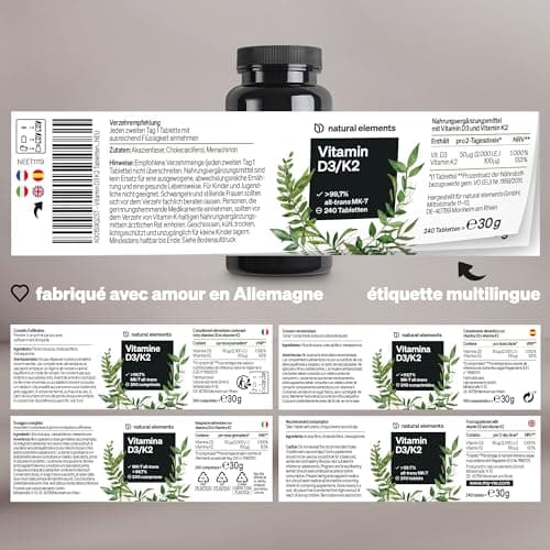 Vitamines D3 et K2 – MK-7 all-trans > 99,7% et vitamine D3 2000 U.I. – 240 comprimés – hautement dosé, haute biodisponibilité – sans additifs inutiles