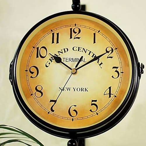 Retoo Horloge de gare double face - Résistante aux intempéries - Horloge murale rétro double face - Noir - Fer rétro - Horloge murale décorative avec support - Horloge d'extérieur vintage
