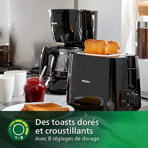 Philips Daily Collection Grille-pain – 2 tranches, 8 réglages Access. réchauffe-viennoiseries intégré, Design compact, Arrêt automatique, Fente Large, Noir (HD2581/90)