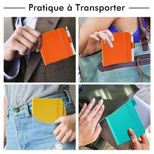 feela 3 Carnet de Notes de Poche A6 avec 3 Stylos Noirs, Page Lignée, Petit Carnet de Poche à Couverture Rigide avec Porte-Stylo, Bloc Note A6, 9 x 14 cm, Couleurs Unies (Jaune, Orange, Emeraude)