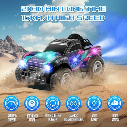 Voiture Telecommandé Enfant, Voiture TéléCommandée Tout Terrain avec Spray, Lumières et Effets Sonores, 2.4 Ghz Camion Telecommande à Grande Vitesse, Voiture Radiocommandée Cadeaux Jouets Garçons 6-12