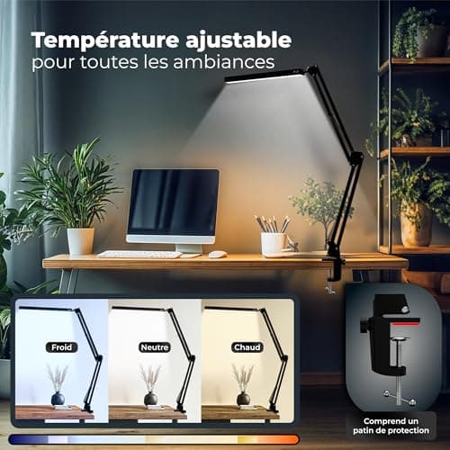 lampework Lampe de Bureau LED Puissante - Lumière Ajustable avec Bras Articulé et Pince - Éclairage Professionnel en Aluminium - Lampe LED Dimmable avec Modes de Couleur pour Bureau, Lit et Table