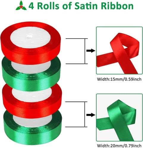 4 Rouleaux Ruban Satin, 88 Mètres Ruban en Satin Double Face, Ruban de Noël, Satin Polyester Ruban pour la Décoration de Mariage, Noël, DIY, Bouquet(Rouge, Vert)