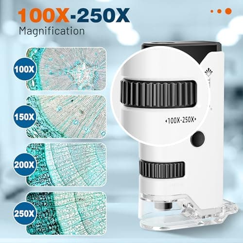 Mini Microscope de Poche 100x-250x pour Enfants Adultes, Microscope portable avec 5 Lames de Microscope, Adaptateur de Téléphone, Miniscope Portable pour Enfants Adultes, Scientifique Education, Blanc