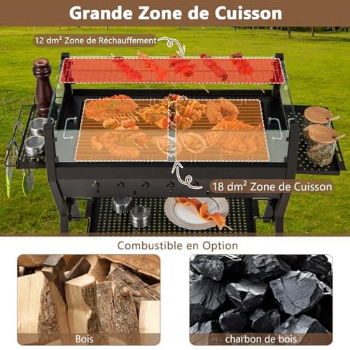 GOPLUS Barbecue à Charbon de Bois avec Verre Coupe-vent, Grille à Griller, BBQ Grill avec Supports d'Assaisonnement et Étagère de Rangement pour Pique-Nique, Jardin, Camping, 98 x 42 x 68 cm