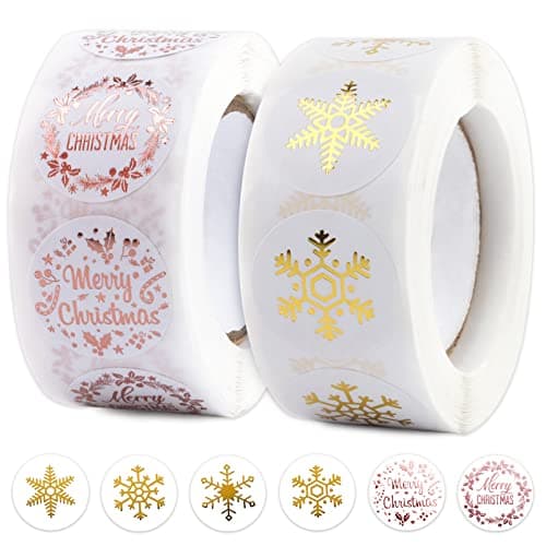 1000PCS Étiquettes Autocollantes Noël Rouleau Sticker Flocon de Neige Merry Christmas Bricolage Décoration Noël Maison Enveloppe Cadeau Cartes de Vœux Scrapbooking Motif pour Noël (Rose et Or)