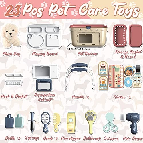 STAY GENT Jouet Veterinaire Enfant, 23 Pièces Malette Docteur avec Chien en Peluche & Transporte pour Nourrir et Soigner, Kit Veterinaire Jeu de Rôle Cadeau pour Jouet Garçons Filles 2 3 4 5 6 7 Ans