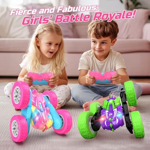 DEERC RC Voiture Telecommandé, 4WD Rose Voiture Telecommandé Enfant Fille, RC Stunt Voiture Jouet 360° Flip Rotatif et Lumière, Jouet Cadeau Fille 3-12 Ans