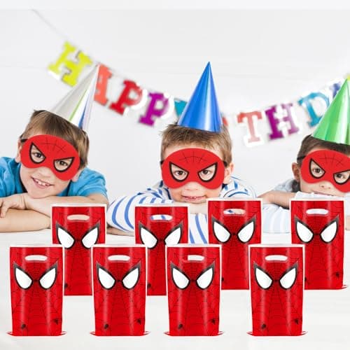 Gxhong Spiderman Cadeaux Fête, 10 Sacs Cadeaux Spiderman, 10 Bracelets Silicone Spiderman, 10 Masques Feutre, 50 Autocollants, für Garçons Filles Spiderman Thème Party Cadeaux