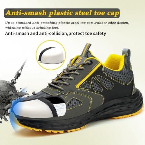 ISOOUS Chaussures de Sécurité Hommes Chaussures de Travail Femmes Légère Embout Plastique Basket Securite Antidérapante Cuisine Gris Jaune EU 45