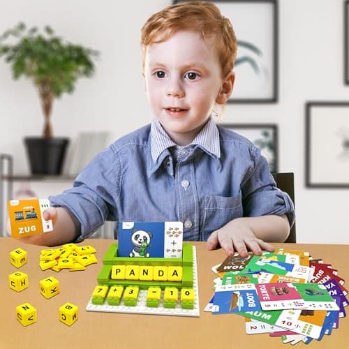 Jeu Éducatif d'Orthographe Allemande, Jouet Montessori à Partir de 3 4 5 Ans Bloc Puzzle avec 64 Cartes Flash Jeux d'apprentissage des Lettres Cadeau pour Fille Garçon à Partir de 3 à 6 Ans