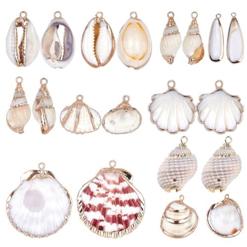 SUNNYCLUE 1 Box 20pcs 10 Styles Natural White Cowrie Seashells Pendant Conch Shells Plated Charms Shells de Breloques for Necklace Bracelet Earring Making Perles de Coquillage Naturel