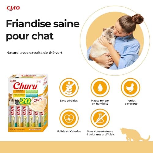 INABA Churu - Friandises pour Chats en Purée aux 4 Saveurs de Poulet - Délicieux Snacks pour Félins - Texture Lisse et Onctueuse - Nourriture pour Chats - 20 Tubes x 14g
