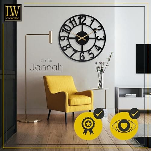 LW Collection Horloge Murale Jannah Noir avec Aiguilles dorées 80 cm - Grande Horloge Murale Industrielle en Métal - Horloge Murale Moderne - Mouvement Silencieux - Horloge Silencieuse