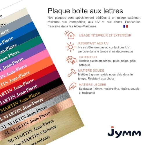 Plaque Adhésive avec motif en PVC Personnalisée pour Boîte aux Lettres - 10×2,5cm - 21 Couleurs - Jymm (Acier texte noir + motif)