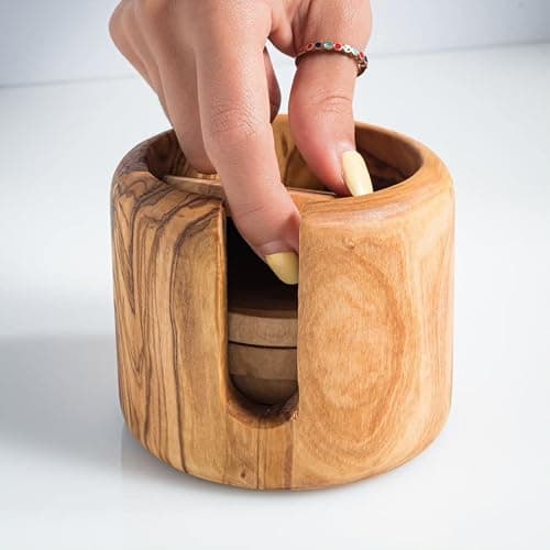 DARIDO Ensemble de 6 sous Verre Rondin de Bois d'Olivier Rustiques avec Support - Faits à la Main - 8 cm - Rondins de Bois Déco - Dessous de Verre - Tranche Bois Décorative – sous Tasse de Bois