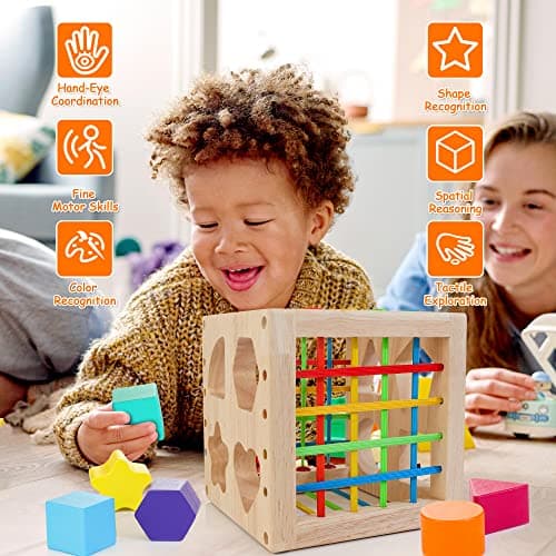 HELLOWOOD Jeu de tri Montessori Cube à emboîter à partir de 1 an, Cube de motricité avec 8 Cubes à emboîter, Jouets en Bois pour Enfants à partir de 1 2 3 Ans