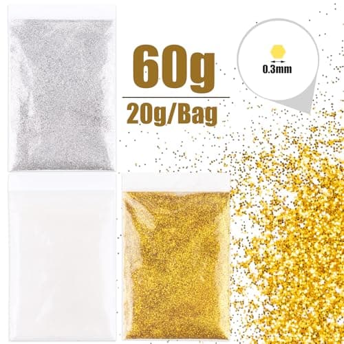 60g Poudre à Paillettes Or Argent Blanc Peinture Pailletée Fines Scintillant en PET Accessoire Loisirs Créatif Décoration DIY Nail Boule de Neige pour Fête Noël Mariage Anniversaire