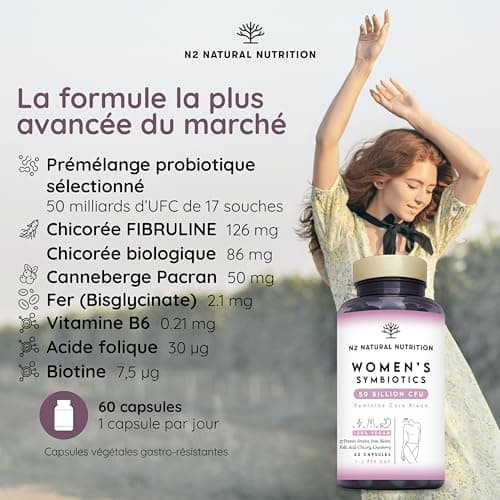 Formule Féminine Compléte avec Probiotiques, Fer, Cranberry et Acide Folique. Probiotique Flore Intestinale et Flore Vaginale (50 Milliards UFC) 60 Gélules. N2 Natural Nutrition