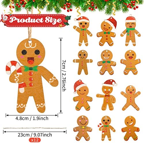 Décoration Sapin Noël en Bois,Ornements à Suspendre pour Sapin de Noël, 12pcs Bonhomme en Pain D'épice Ornements pour la Fête de Noël et la Décoration Intérieure