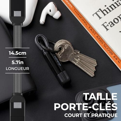 Rolling Square inCharge X - Porte Clé avec Câble USB c Charge Rapide, 100W - Chargeur USB c Universel 6 en 1 avec Cable USB c/a + Cable Lightning et Micro USB, Idéal comme Cadeau Homme, Noir