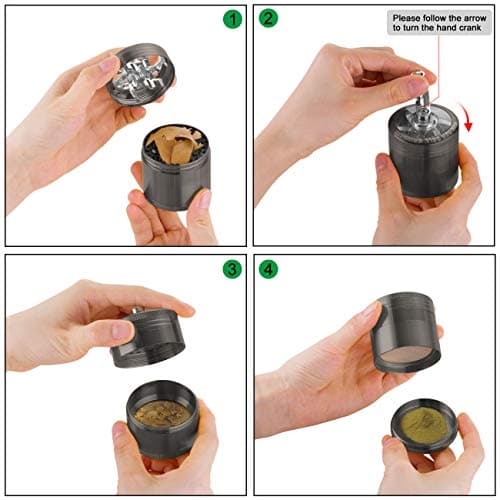 LIHAO 2”(5cm) Grinder Moulin à Herbes Épices en Zinc Alliage en 4 Pièces avec Manivelle - Nickel Noir