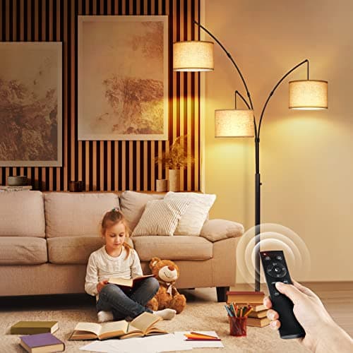 OUTON Arc LED-Stehlampe mit Fernbedienung, dimmbar, modern, schwarz, 3 Lichter, gewölbte hohe Stehlampe, Mid-Century, verstellbare Steh-Ecklampe mit Hängeschirm für Schlafzimmer, Büro, Wohnzimmer