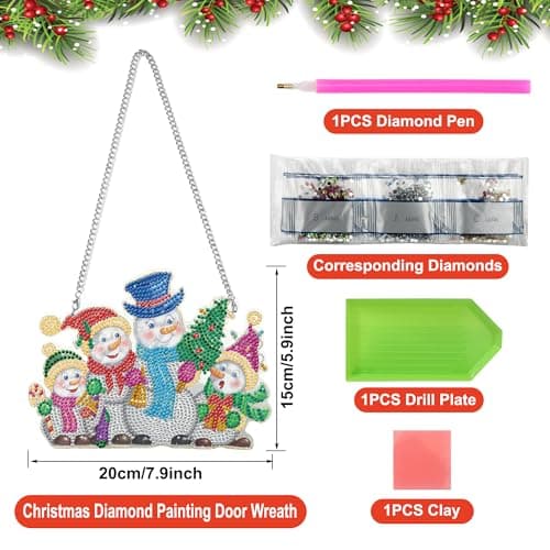 Heveer Pendentif de Peinture Diamant 5D Noël Kit de Peinture Diamant à Suspendre Décoration Faite à la Main pour Porte de Maison Bonhomme de Neige