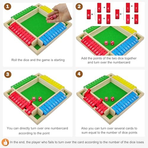 Shut The Box Jeu de Société en Bois, Classique-Jeu de Dés-Jeu de Rassemblement de la Famille Jouet de Voyage pour 2-4 Joueurs avec Sac de Stockage Formation en Logique Cadeau pour Enfants -Multicolore