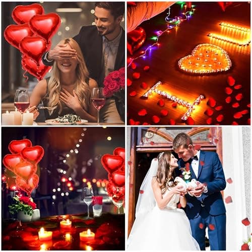 Bougies Romantiques et Pétales,Saint Valentin Décoration,50 Bougies en Forme de Coeur+10 Ballons Coeur Rouges+1000 Pétales de Rose Rouges en Soie,pour Mariage Saint Valentin D'anniversaire Fiançailles